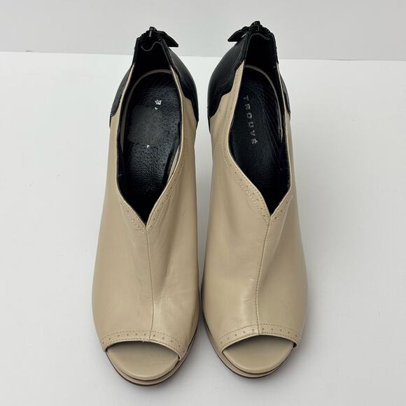 Trouve Two Tone Black & Ivory Vintage Style Stiletto Peep Toe Leather Booties-10 - Picture 10 of 10
